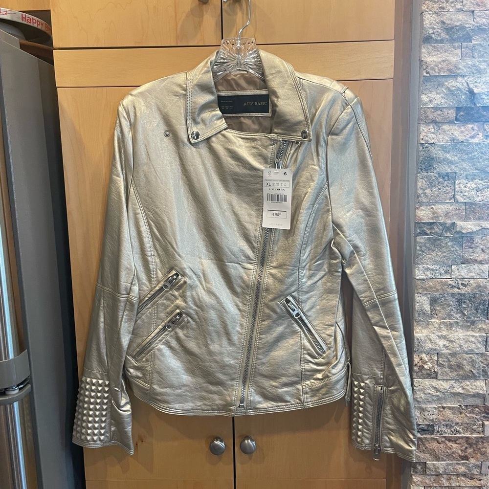 NWT! Gold faux leather moto jacket
